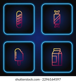 Set line Paper package for milk, Ice cream, French baguette bread and Candy. Gradient color icons. Vector