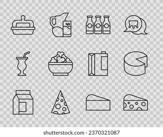 Fijar la línea Paquete de papel para leche, queso, botella con, mantequilla en plato de mantequilla, queso de cabaña e icono. Vector