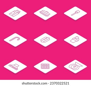 Set line Paper package for milk, Cake, Spatula, Christmas candy cane, Hotdog sandwich, Ice cream, Kitchen extractor fan and Waffle icon. Vector