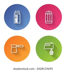 Set line Paper package for milk, Salt, Coffee turk and Electric mixer. Color circle button. Vector