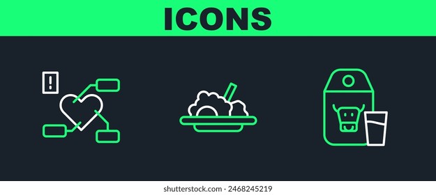 Set line Paper package for milk, Attention to health heart and Healthy food icon. Vector