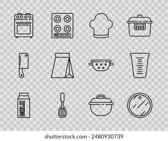 Set line Paper package for milk, Cutting board, Chef hat, Kitchen whisk, Oven, Bag of coffee beans, Cooking pot and Measuring cup icon. Vector