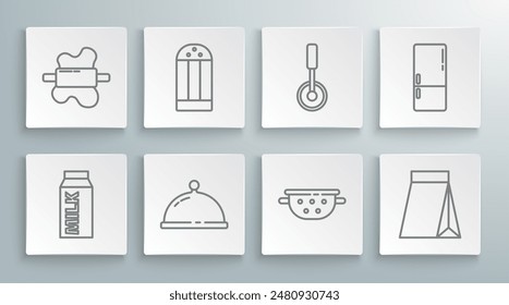 Set line Paper package for milk, Salt, Covered with tray of food, Kitchen colander, Bag coffee beans, Pizza knife, Refrigerator and Rolling pin on dough icon. Vector