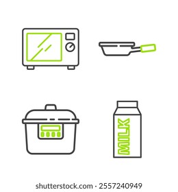 Set line Paper package for milk, Slow cooker, Frying pan and Microwave oven icon. Vector