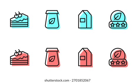 Set line Paper package for milk, Piece of cake, Tea packaging and leaf icon. Vector