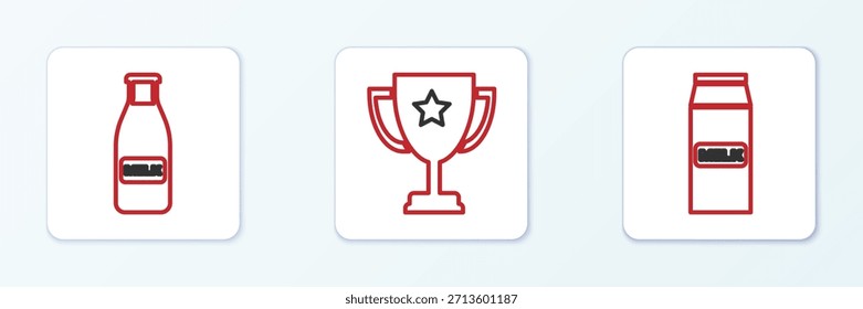 Set line Paquete de papel para leche, botella de vidrio y tapa e icono de taza de trofeo. Vector