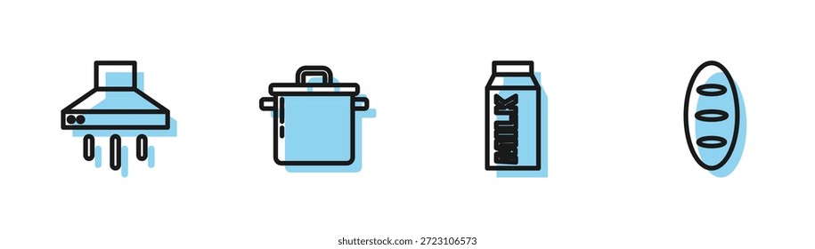 Set line Paper package for milk, Kitchen extractor fan, Cooking pot and Bread loaf icon. Vector