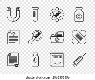 Set line Paper page with eye, Syringe, Genetic engineering, Medical vial, ampoule, Magnet, DNA research, search, Network port cable socket and Crossed bandage plaster icon. Vector