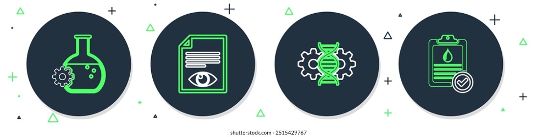Página de papel con ojo, edición de genes, bioingeniería e ícono de prueba de sangre de Portapapeles. Vector