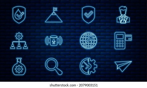 Set line Paper plane, Pos terminal, Shield with check mark, Voice assistant, Lead management, Waterproof, Globe flying and Mountains and flag icon. Vector