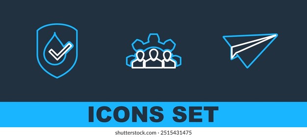Set line Paper plane, Waterproof and Project team base icon. Vector