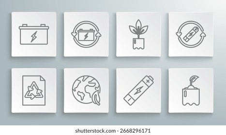 Fije el papel de línea con el reciclaje, símbolo de la batería, globo de tierra y hoja, germinar en botella, planta, línea e icono de la batería del coche. Vector