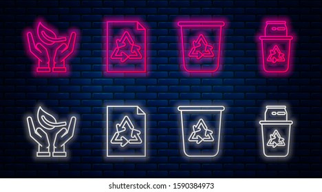 Set line Paper with recycle, Recycle bin with recycle symbol, Sprout in hand of environmental protection and can. Glowing neon icon on brick wall. Vector