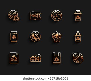 Set line Paper with recycle, Eco friendly house, Planet earth and recycling, Plastic bag, No plastic bottle, Recycling, Recycle bin symbol and Plant hand of environmental protection icon. Vector