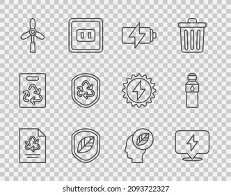Set line Paper with recycle, Lightning bolt, Battery, Shield leaf, Wind turbine, Recycle symbol inside shield, Human head and Bottle of water icon. Vector