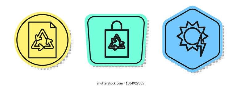 Set line Paper with recycle, Plastic bag with recycle and Solar energy panel. Colored shapes. Vector