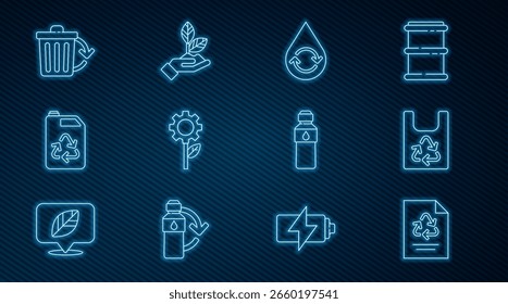 Set line Paper with recycle, Plastic bag, Recycle clean aqua, Leaf plant in gear machine, Eco fuel canister, bin, Bottle of water and Plant hand icon. Vector