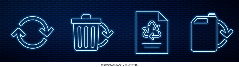 Set line Paper with recycle, Refresh, Recycle bin with recycle and Eco fuel canister. Glowing neon icon on brick wall. Vector