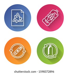 Set line Paper with recycle, Stop ocean plastic pollution, Battery with recycle symbol line and Recycling plastic bottle. Color circle button. Vector