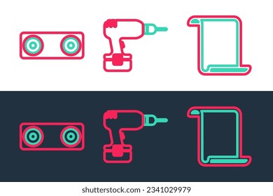 Set line Paper scroll, Bluetooth connected and Drill machine icon. Vector