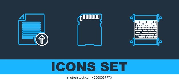 Set line Paper scroll, Document protection and SD card icon. Vector