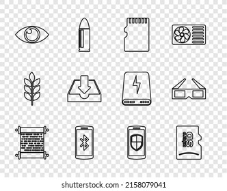 Set line Paper scroll, Micro SD memory card, Smartphone with, Eye, Download inbox, shield and 3D cinema glasses icon. Vector