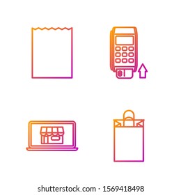 Set line Paper shopping bag, Shopping building on screen laptop, Paper shopping bag and Pos terminal with inserted credit card. Gradient color icons. Vector