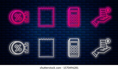 Set line Paper shopping bag, Pos terminal, Signboard hanging with an inscription discount percent and Human hand holding with blank receipt or bill for payment. Glowing neon icon on brick wall. Vector