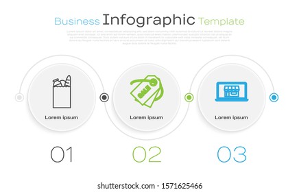 Set line Paper shopping bag and food, Price tag with an inscription Sale and Shopping building on screen laptop. Business infographic template. Vector