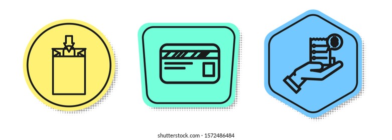 Set line Paper shopping bag, Credit card and Human hand holding with blank receipt or bill for payment. Colored shapes. Vector