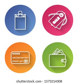 Set line Paper shopping bag, Price tag with an inscription Sale, Credit card and Wallet with stacks paper money cash. Color circle button. Vector