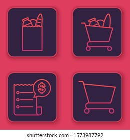 Set line Paper shopping bag and food, Paper check and financial check, Shopping cart and food and Shopping cart. Blue square button. Vector