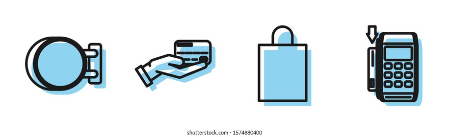 Set line Paper shopping bag, Signboard hanging, Human hand holding with credit card and Pos terminal with inserted credit card icon. Vector