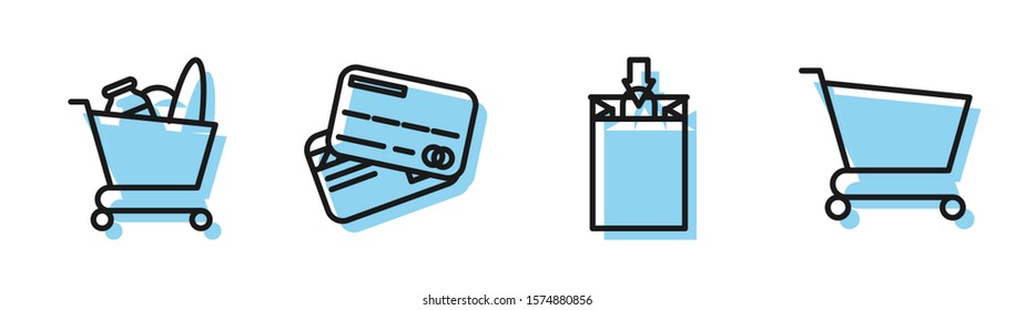 Set line Paper shopping bag, Shopping cart and food, Credit card and Shopping cart icon. Vector