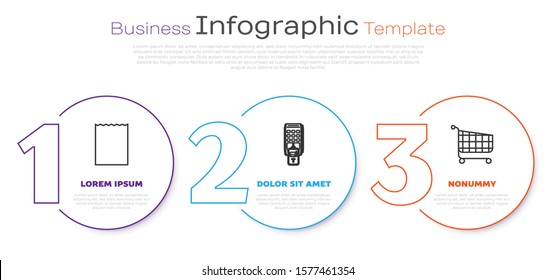 Set line Paper shopping bag, POS terminal with printed reciept and confirms the payment by smartphone and Shopping cart. Business infographic template. Vector