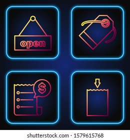 Set line Paper shopping bag, Paper check and financial check, Hanging sign with text Open door and Blank label template price tag. Gradient color icons. Vector