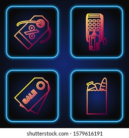 Set line Paper shopping bag and food, Price tag with an inscription Sale, Discount percent tag and Pos terminal with inserted credit card. Gradient color icons. Vector