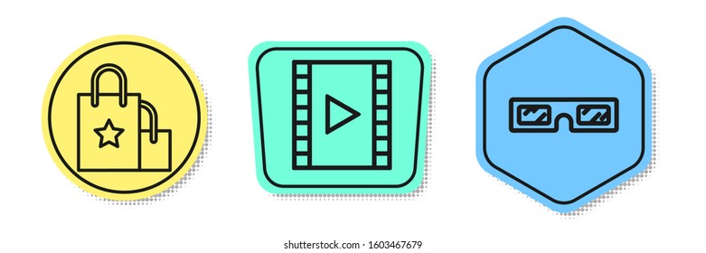 Set line Paper shopping bag, Play Video and 3D cinema glasses. Colored shapes. Vector