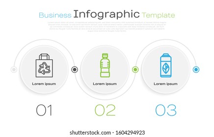 Set line Paper shopping bag with recycle, Bottle of water and Recycling plastic bottle. Business infographic template. Vector