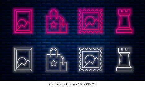 Set line Paper shopping bag, Picture landscape, Picture landscape and Chess symbol. Glowing neon icon on brick wall. Vector