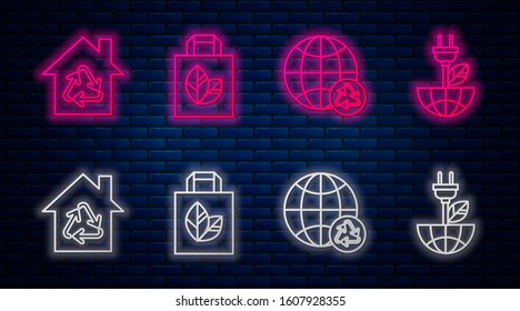 Set line Paper shopping bag with recycle, Planet earth and a recycling, Eco House with recycling symbol and Electric saving plug in leaf. Glowing neon icon on brick wall. Vector