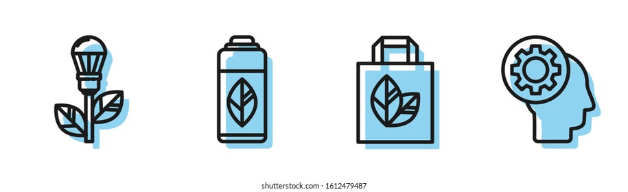 Set line Paper shopping bag with recycle, Light bulb with leaf, Recycling plastic bottle and Human head with gear inside icon. Vector