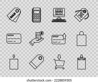 Set line Paper shopping bag, Blank label template price tag, Price with inscription Sale, Human hand holding blank receipt or bill for payment, Add to cart and  icon. Vector