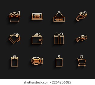 Set line Paper shopping bag, Signboard hanging with an inscription here, Shopping basket and food, Add to cart, Wallet stacks paper money cash, Human hand holding credit card and Gift box icon. Vector