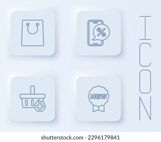 Set line Paper shopping bag, Percent discount on phone, Add to Shopping basket and Price tag with New. White square button. Vector