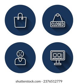 Fijar la línea Bolsa de compra de papel, el signo de la colgando con el texto Cerrado, Cliente enojado y Online en la pantalla con sombra larga. Botón de círculo azul. Vector