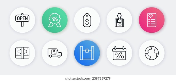 Set line Paper shopping bag, Shopping list, Stacks paper money cash, Discount percent tag, Seller, Price with dollar, Worldwide and Delivery cargo truck icon. Vector