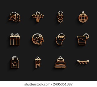 Set line Paper shopping bag, Firework rocket, Musical note speech bubble, Cake, Carnival garland with flags, Vinyl disk, Cocktail and Vip inside head icon. Vector