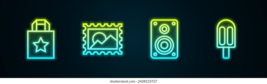 Set line Paper shopping bag, Postal stamp, Stereo speaker and Ice cream. Glowing neon icon. Vector