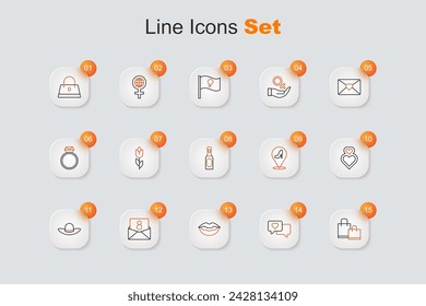 Set line Paper shopping bag, Heart speech bubble, Smiling lips, Envelope with 8 March, Elegant women hat, Woman shoe and Champagne bottle icon. Vector